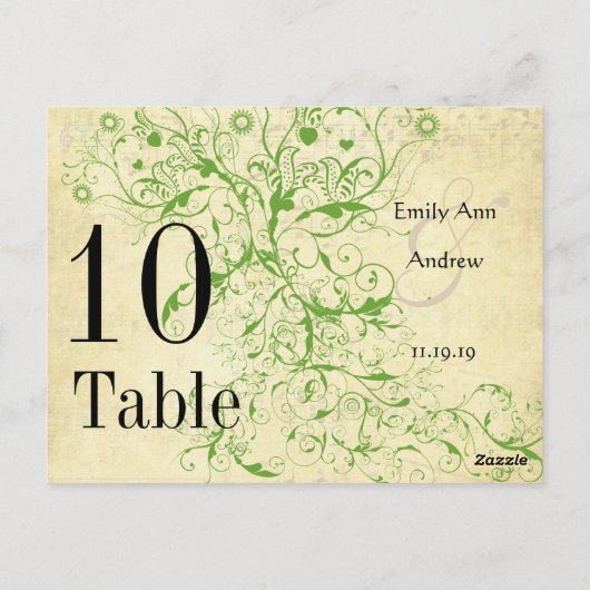 Apple Green & Black Birds Swirl Table Number Briefkaart (Achterkant)