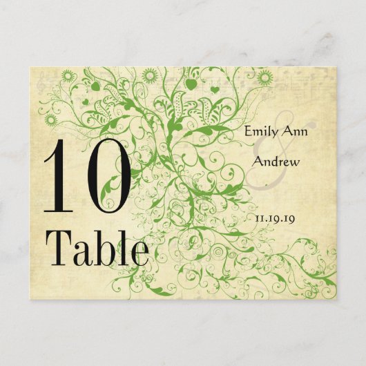 Apple Green & Black Birds Swirl Table Number Briefkaart (Voorkant)