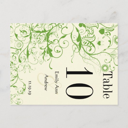Apple Green & Black Birds Swirl Table Number Briefkaart (Achterkant)