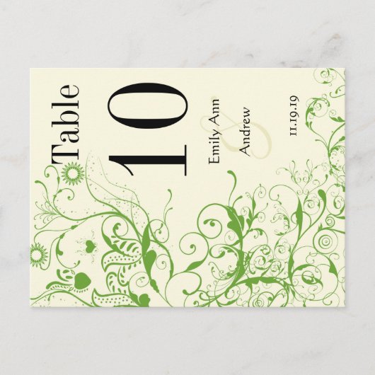 Apple Green & Black Birds Swirl Table Number Briefkaart (Voorkant)