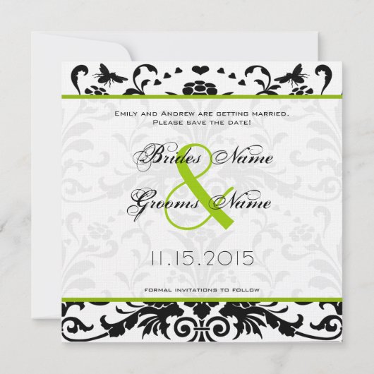 Apple Green Black Bubble bee Damask Save the Date Kaart (Achterkant)