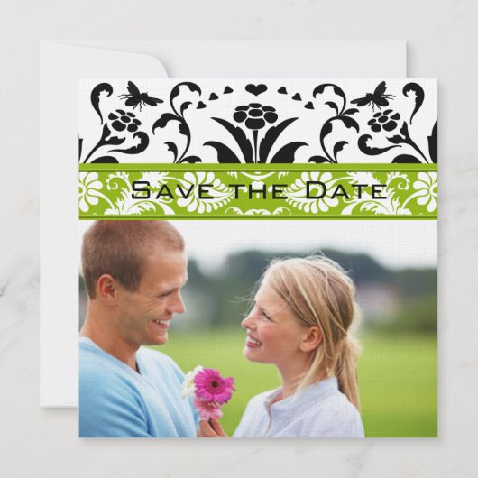 Apple Green Black Bubble bee Damask Save the Date Kaart (Voorkant)