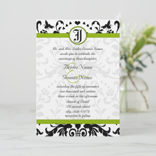 Apple Green Black Bubble bee Damask Wedding Invite Kaart (Staand voorkant)