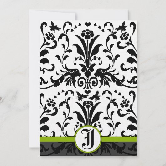 Apple Green Black Bubble bee Damask Wedding Invite Kaart (Achterkant)