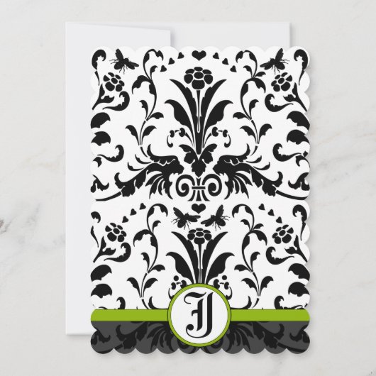 Apple Green Black Bubble bee Damask Wedding Invite Kaart (Achterkant)