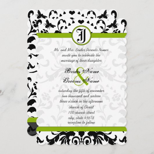 Apple Green Black Bubble bee Damask Wedding Invite Kaart (Voorkant / Achterkant)