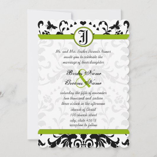 Apple Green Black Bubble bee Damask Wedding Invite Kaart (Voorkant)