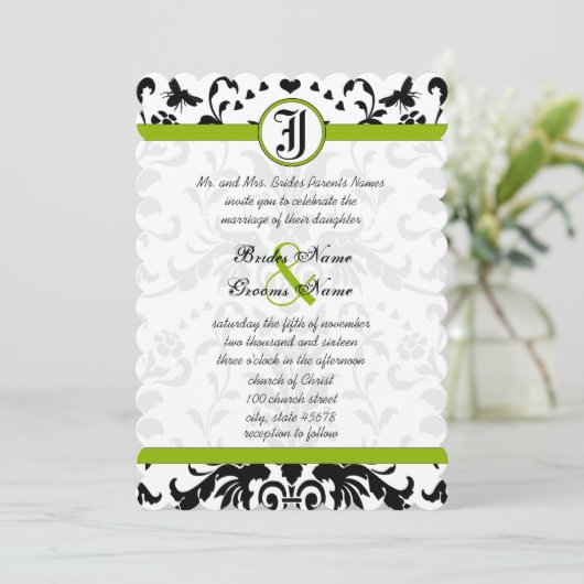 Apple Green Black Bubble bee Damask Wedding Invite Kaart (Staand voorkant)