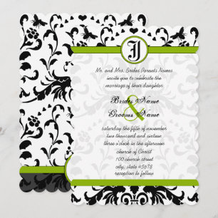 Apple Green Black Bubble bee Damask Wedding Invite Kaart