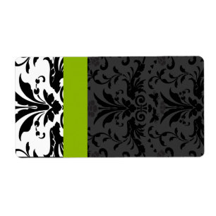 Apple Green & Black Bumble Bee Damask Adres Etiket