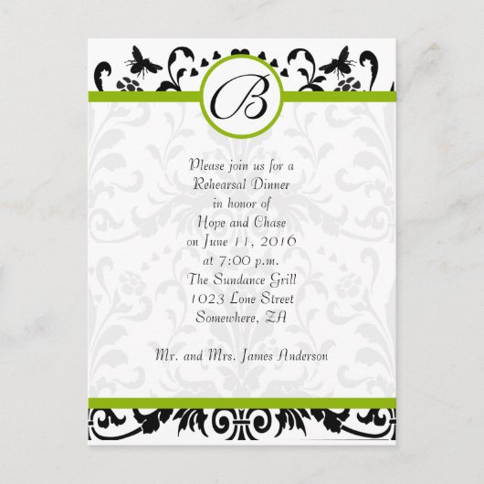 Apple Green Black Bumble Bee Rehearsal Dinner Briefkaart (Voorkant)