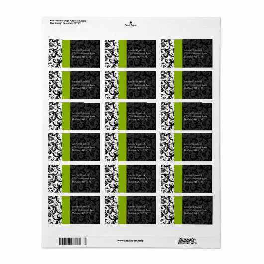 Apple Green & Black Damask Adresetiketten - Etiket (Full Sheet)