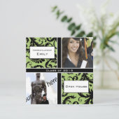 Apple Green & Black Damask Afstuderen Invitation Kaart (Staand voorkant)