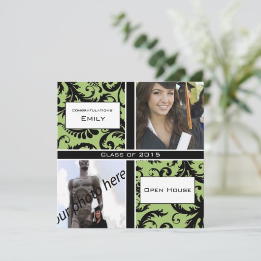 Apple Green & Black Damask Afstuderen Invitation Kaart (Staand voorkant)