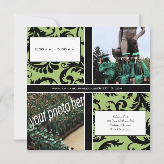 Apple Green & Black Damask Afstuderen Invitation Kaart (Achterkant)
