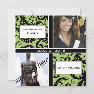 Apple Green & Black Damask Afstuderen Invitation Kaart