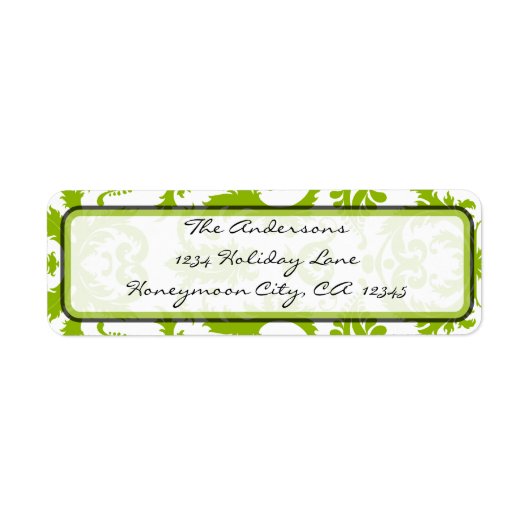 Apple Green & Black Damask Swirl Address Label (Voorkant)