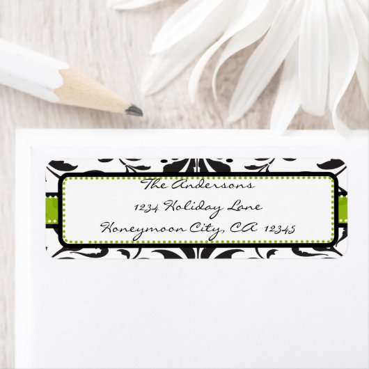 Apple Green & Black Damask Swirl Dot Label#2 Etiket (Insitu)