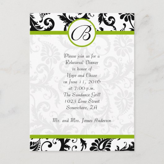 Apple Green & Black Damask Swirls Rehearsal Dinner Uitnodiging Briefkaart (Voorkant)
