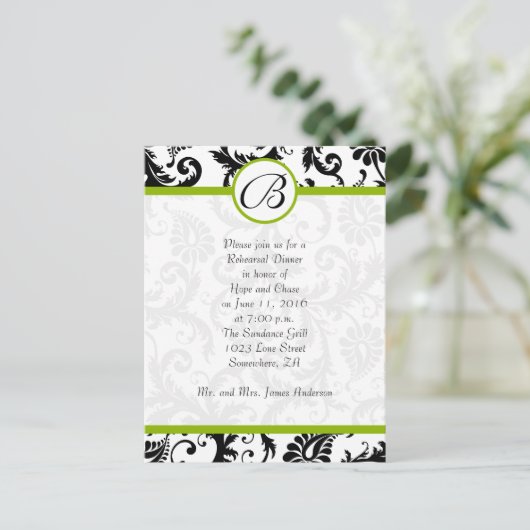 Apple Green & Black Damask Swirls Rehearsal Dinner Uitnodiging Briefkaart (Staand voorkant)