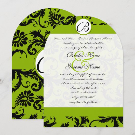 Apple Green Black Damask Swirls Wedding Invitation Kaart (Voorkant / Achterkant)