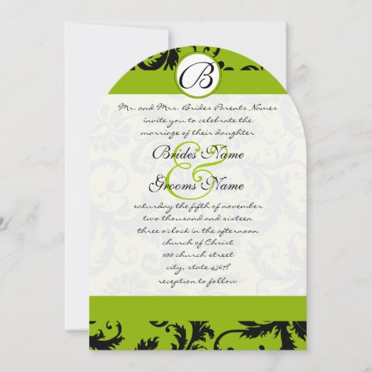 Apple Green Black Damask Swirls Wedding Invitation Kaart (Voorkant)