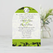 Apple Green Black Damask Swirls Wedding Invitation Kaart (Staand voorkant)