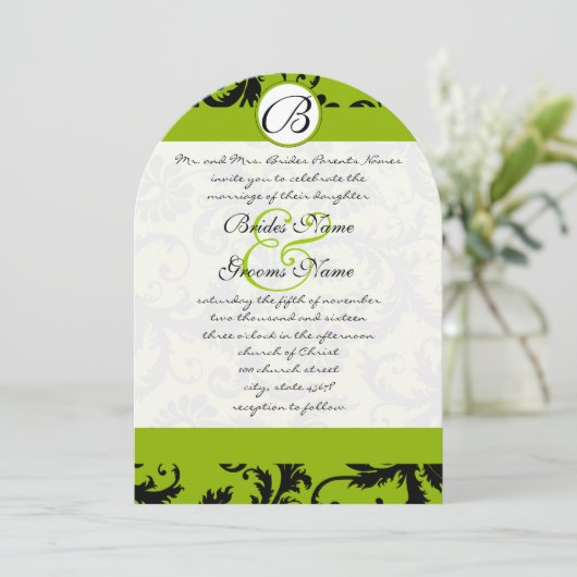 Apple Green Black Damask Swirls Wedding Invitation Kaart (Staand voorkant)