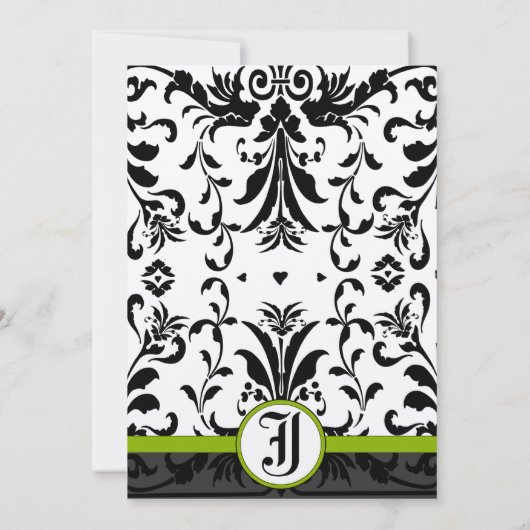 Apple Green & Black Damask Wedding Invitation Kaart (Achterkant)