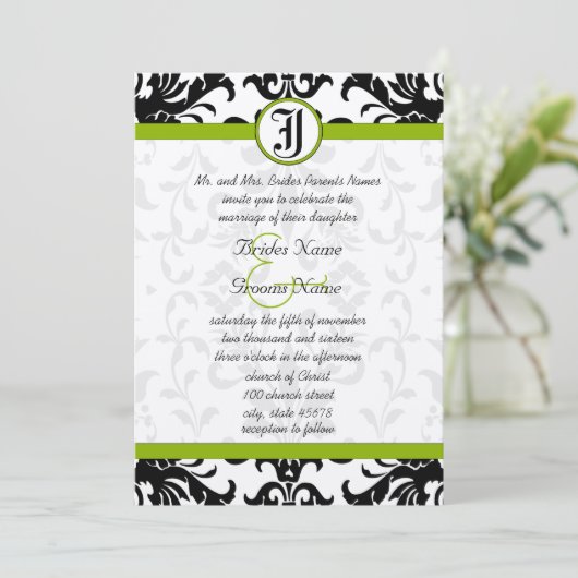 Apple Green & Black Damask Wedding Invitation Kaart (Staand voorkant)