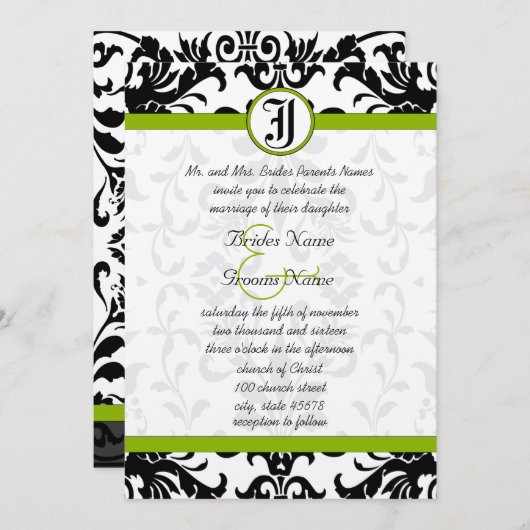 Apple Green & Black Damask Wedding Invitation Kaart (Voorkant / Achterkant)