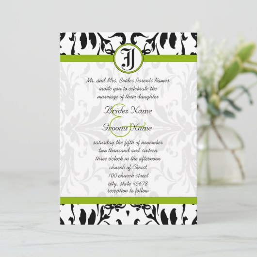 Apple Green & Black Damask Wedding Invitation Kaart (Staand voorkant)