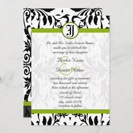 Apple Green & Black Damask Wedding Invitation Kaart (Voorkant / Achterkant)