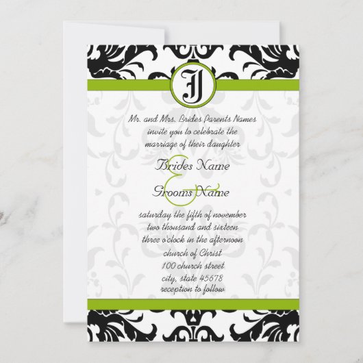 Apple Green & Black Damask Wedding Invitation Kaart (Voorkant)