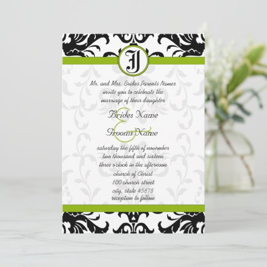 Apple Green & Black Damask Wedding Invitation Kaart (Staand voorkant)
