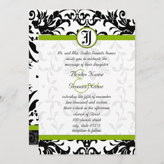 Apple Green & Black Damask Wedding Invitation Kaart (Voorkant / Achterkant)