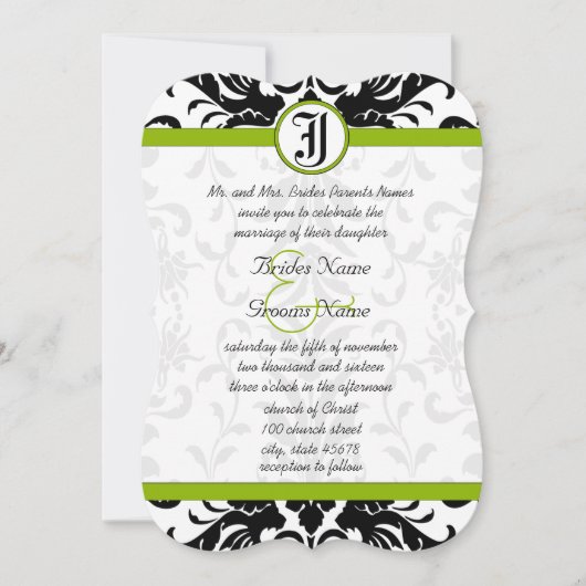 Apple Green & Black Damask Wedding Invitation Kaart (Voorkant)