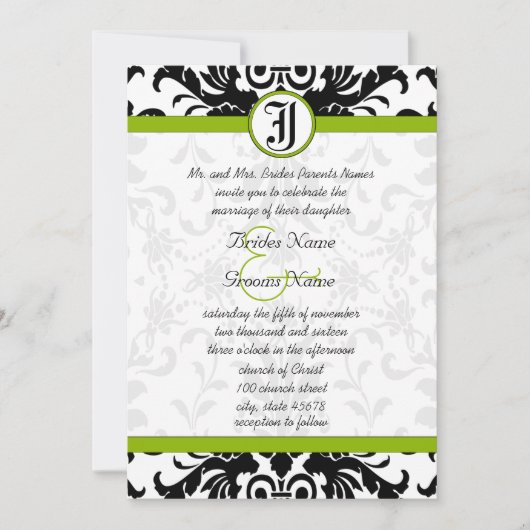 Apple Green & Black Damask Wedding Invitation Kaart (Voorkant)