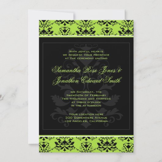 Apple Green & Black Damask Wedding Invitation Kaart (Voorkant)