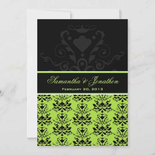 Apple Green & Black Damask Wedding Invitation Kaart (Achterkant)