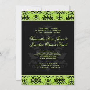 Apple Green & Black Damask Wedding Invitation Kaart