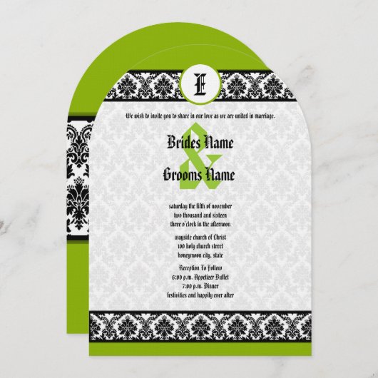 Apple Green & Black Damask Wedding Invitation Kaart (Voorkant / Achterkant)