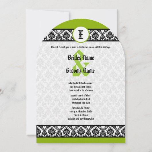 Apple Green & Black Damask Wedding Invitation Kaart (Voorkant)