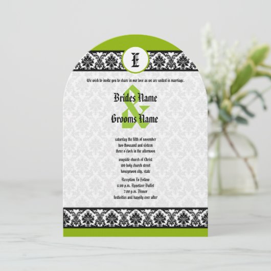 Apple Green & Black Damask Wedding Invitation Kaart (Staand voorkant)