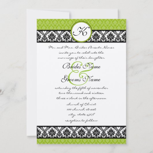 Apple Green & Black Damask Wedding Invitation Kaart (Achterkant)