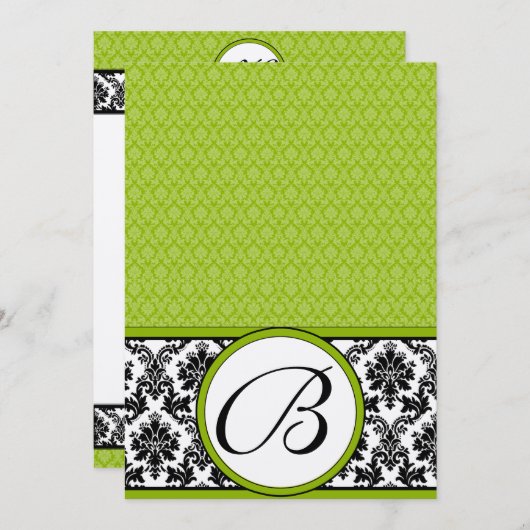 Apple Green & Black Damask Wedding Invitation Kaart (Voorkant / Achterkant)