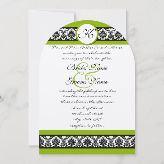 Apple Green & Black Damask Wedding Invitation Kaart (Achterkant)