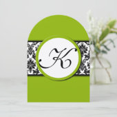 Apple Green & Black Damask Wedding Invitation Kaart (Staand voorkant)