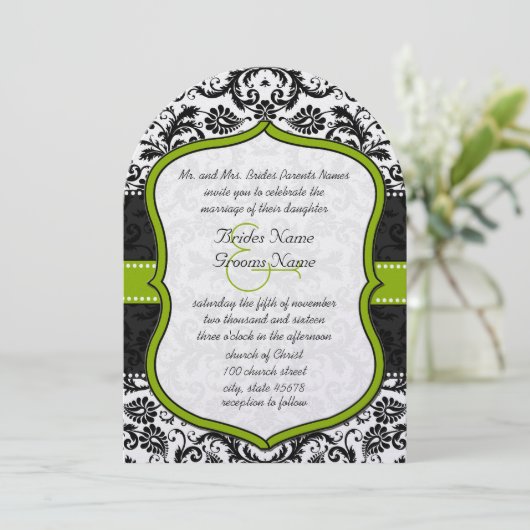Apple Green Black  Damask Wedding Kaart (Staand voorkant)