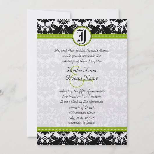 Apple Green Black Love Bird Damask Wedding Invite Kaart (Voorkant)